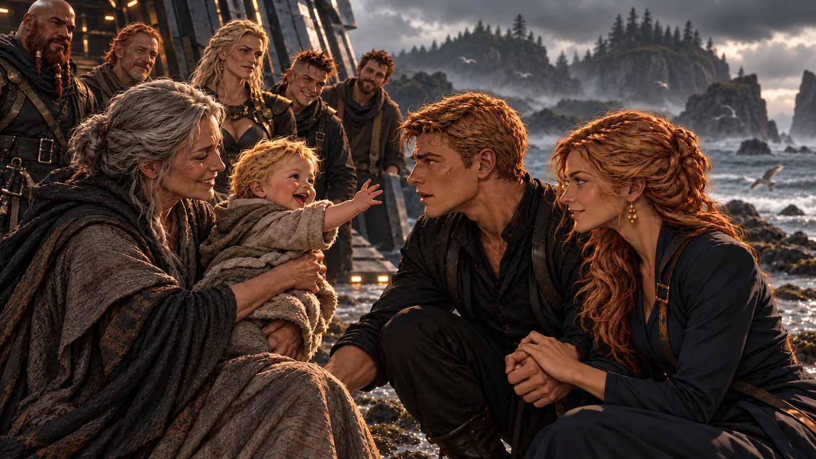 Darrow’s mother holds the laughing, reaching Pax as Darrow and Mustang stand beside her, surrounded by family and friends.