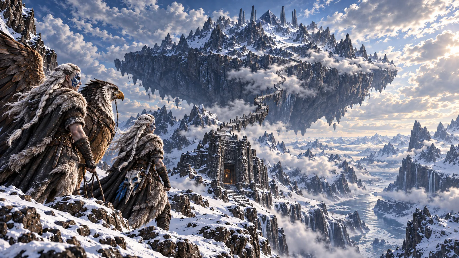 White-braided Valkyries stand within the vast snowy approach to Asgard.
