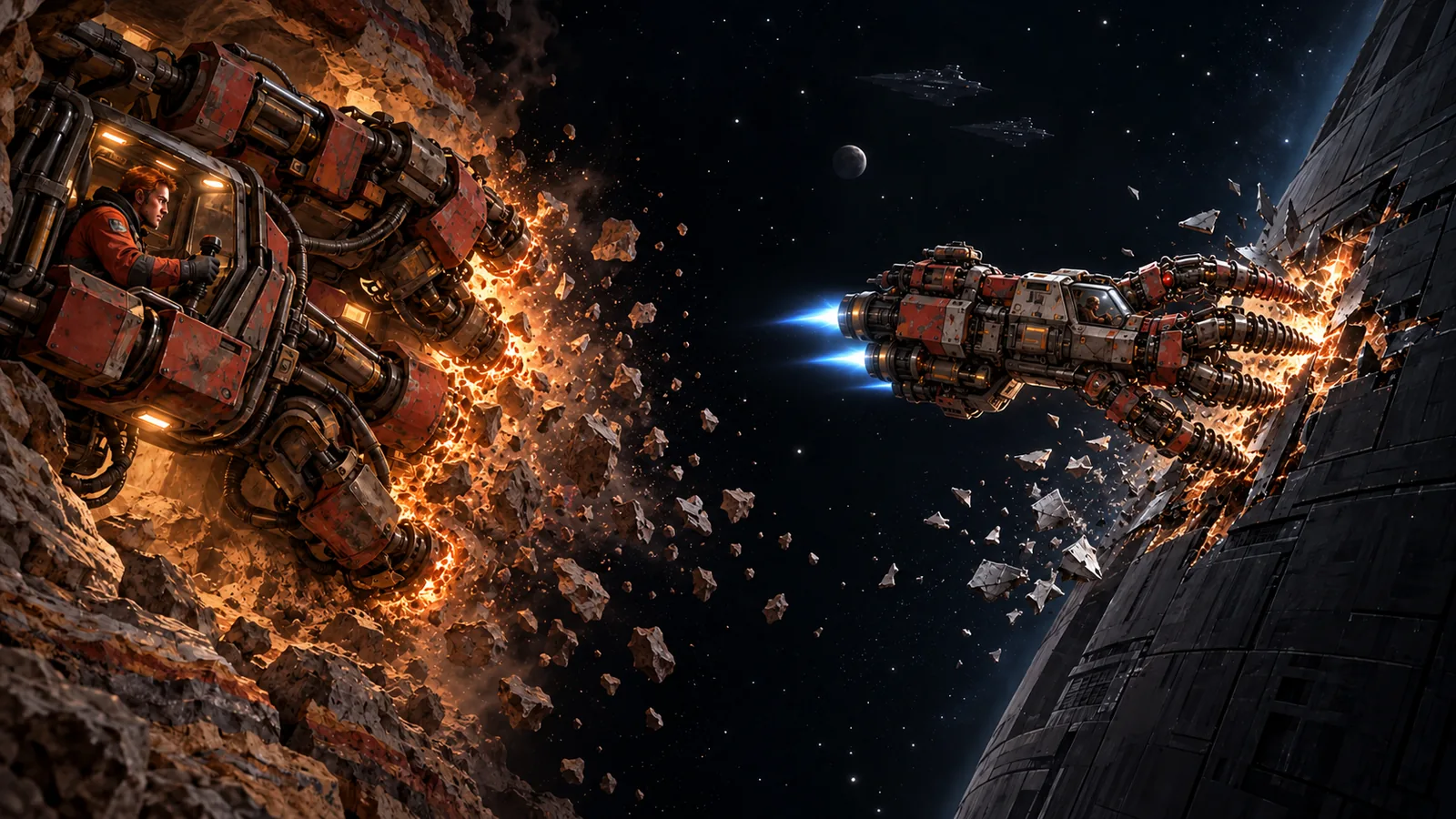 A clawDrill turns Red mining expertise against a Gold warship in space.