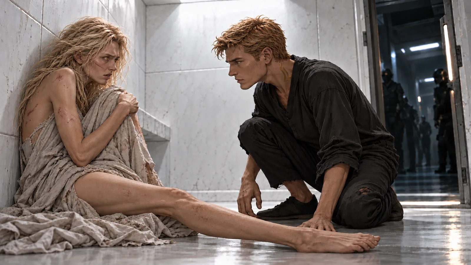 The injured Darrow reaches Victra during their escape from captivity.