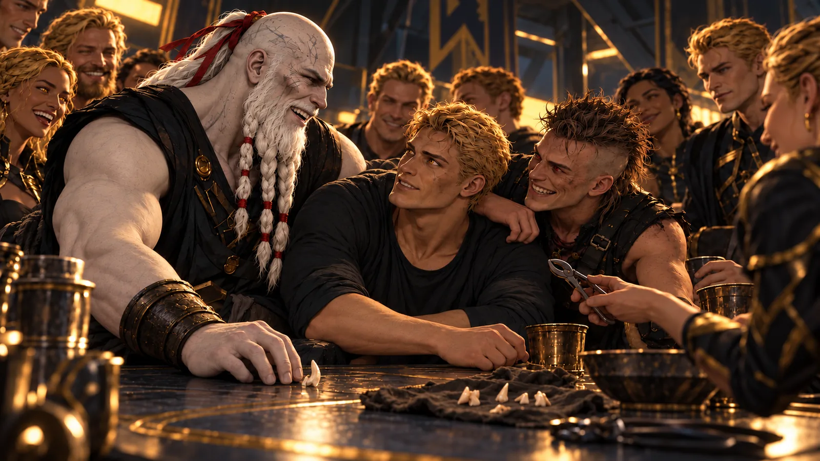 Darrow sits between Ragnar and Sevro, with the Howlers gathered around a table.