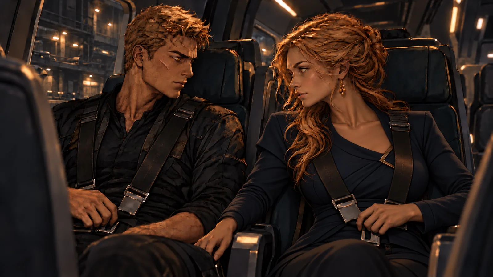 Mustang takes the seat beside Darrow in the ship, reaching across him for her harness.