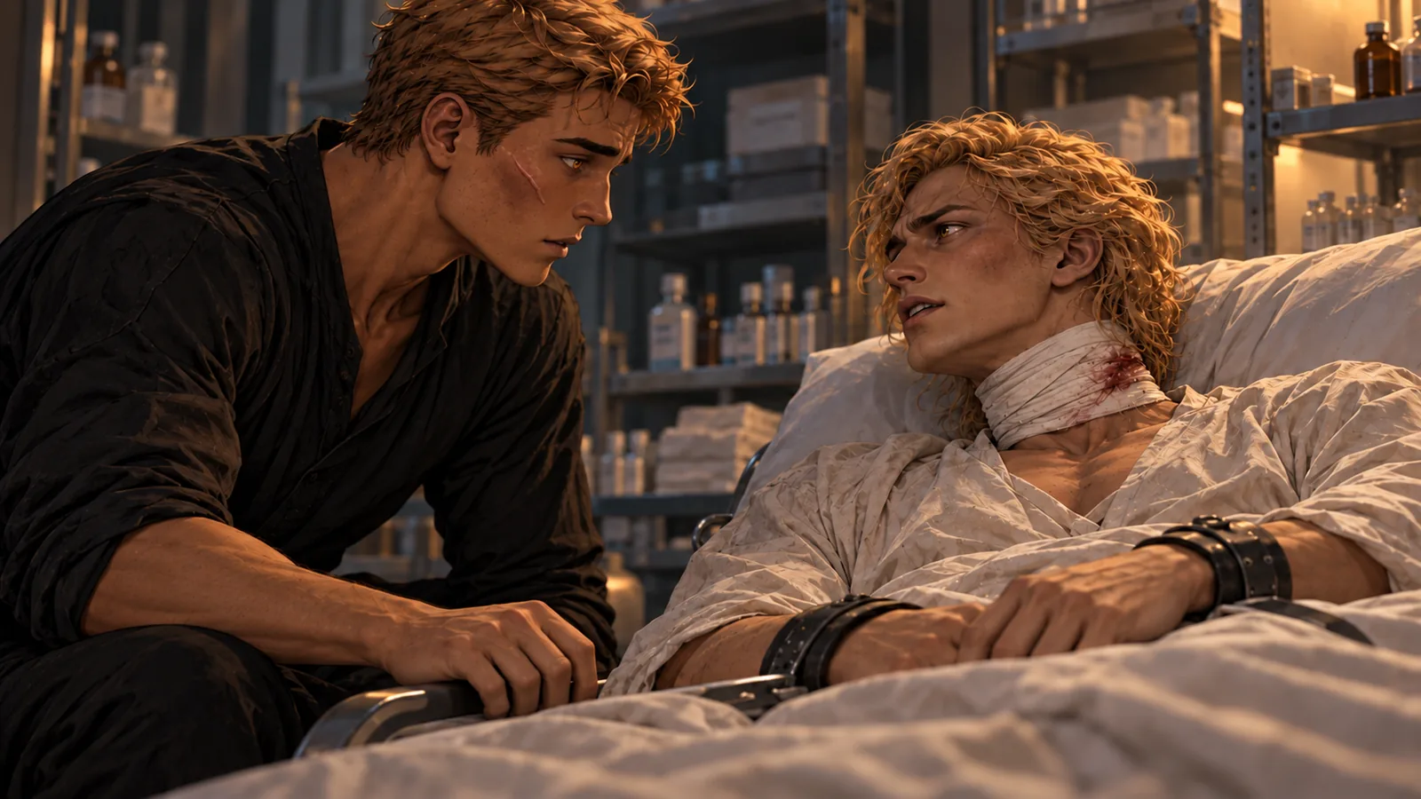 Darrow sits beside Cassius, who lies propped up on an infirmary cot.