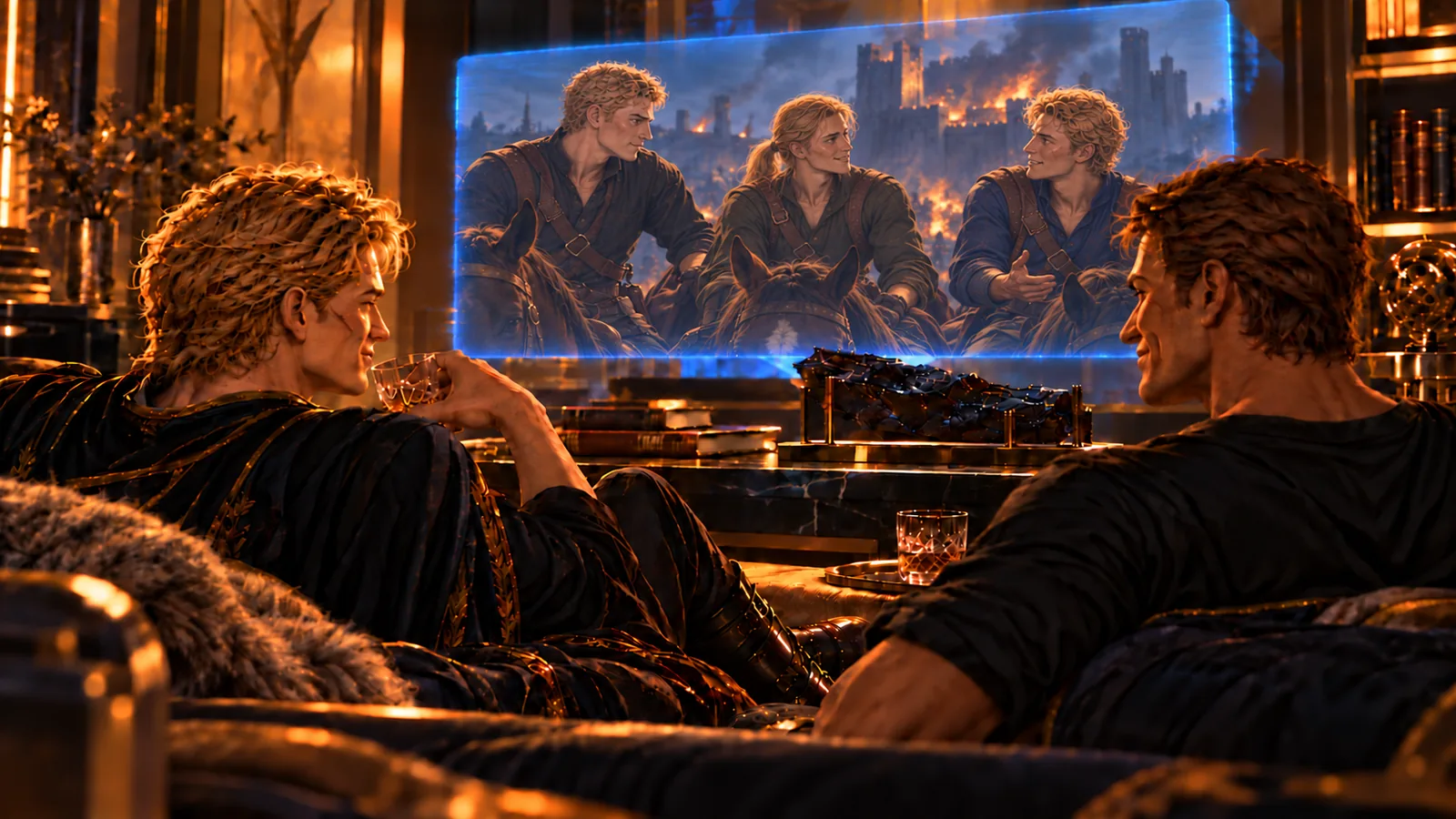 Darrow and Cassius watch old Institute recordings together in Roque’s stateroom.