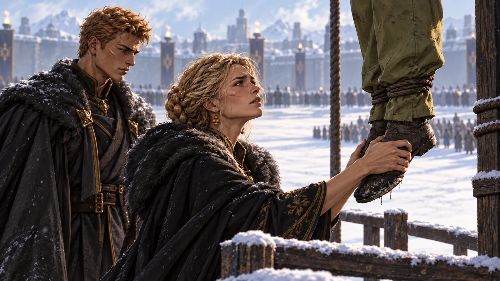 Mustang grips her hanging brother’s feet while Darrow kneels beside her in the snow.